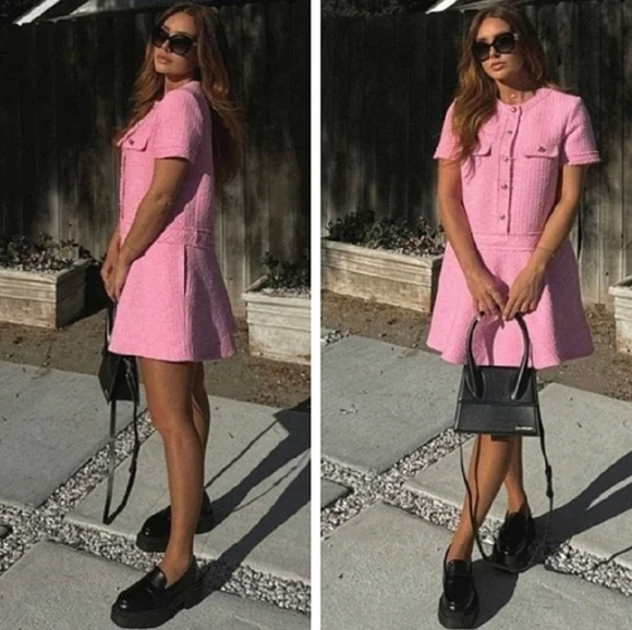 ZARA TEXTURED TWEED DRESS PINK Size M - Picture 10 of 15